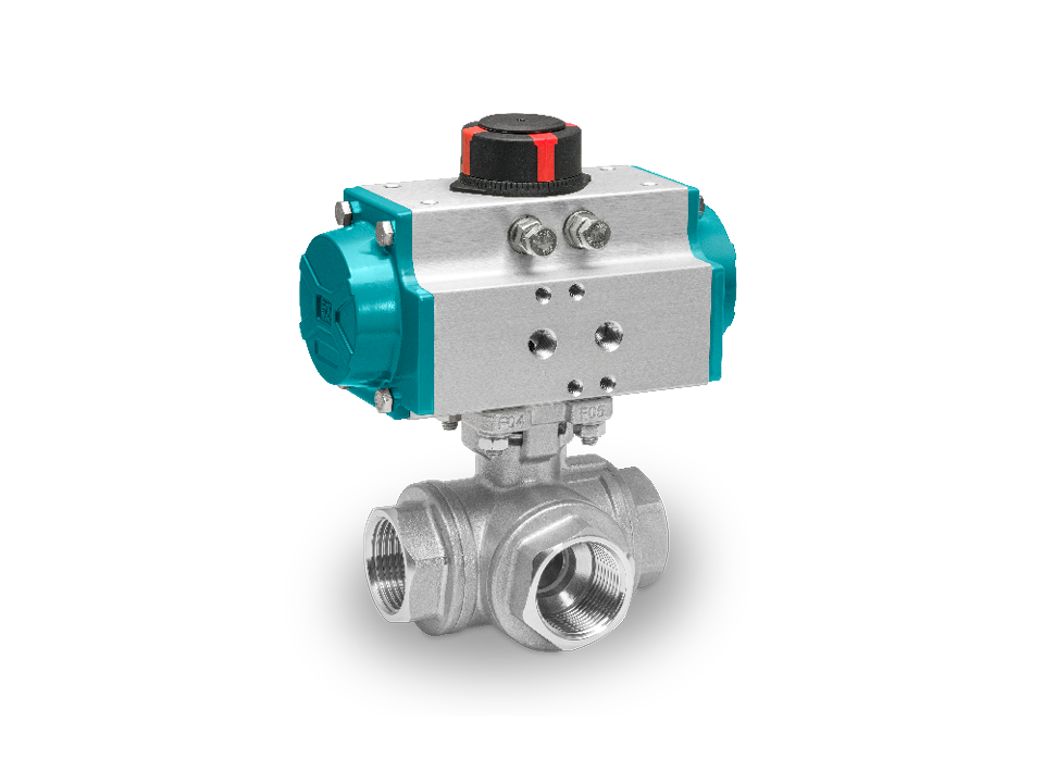 Pneumatically operated three-way ball valve made of stainless steel with female thread connection and position indicator – ideal for the chemical, pharmaceutical, and food industries.