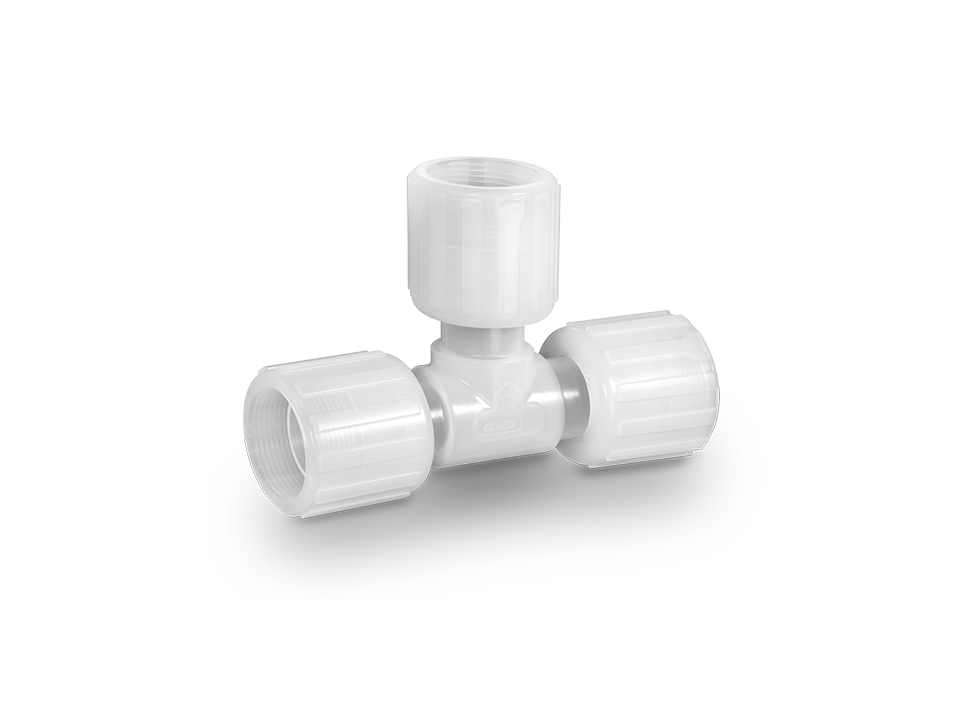 T-piece fitting made of white plastic with three union nut connections for secure branching of hoses or pipes in industrial applications.