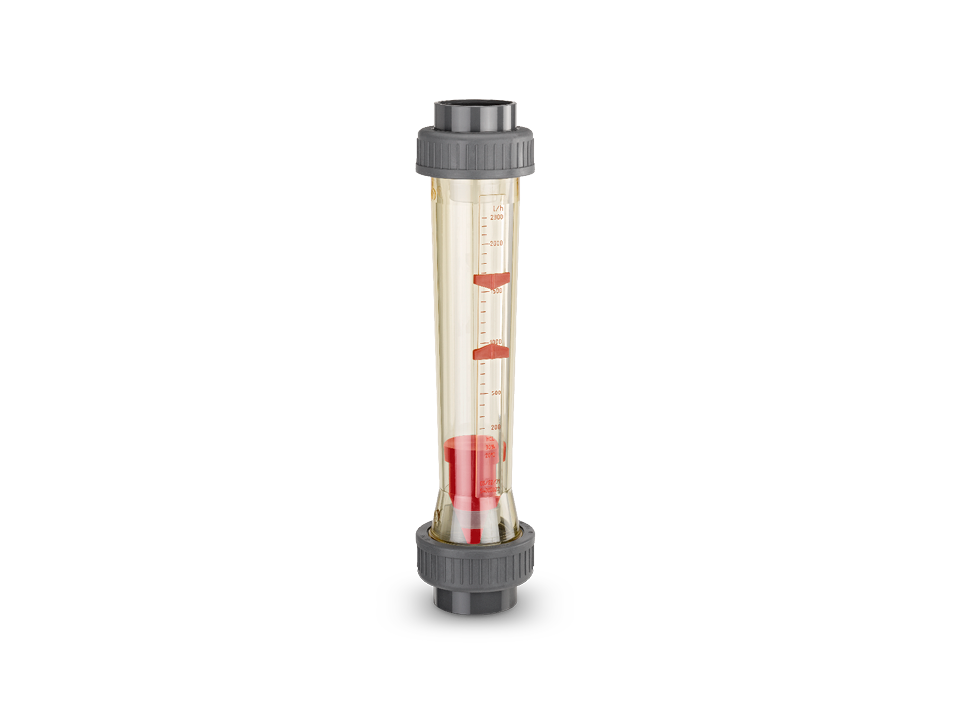 Flow meter with transparent measuring tube, red float and scale for flow control in piping systems, industrial use.