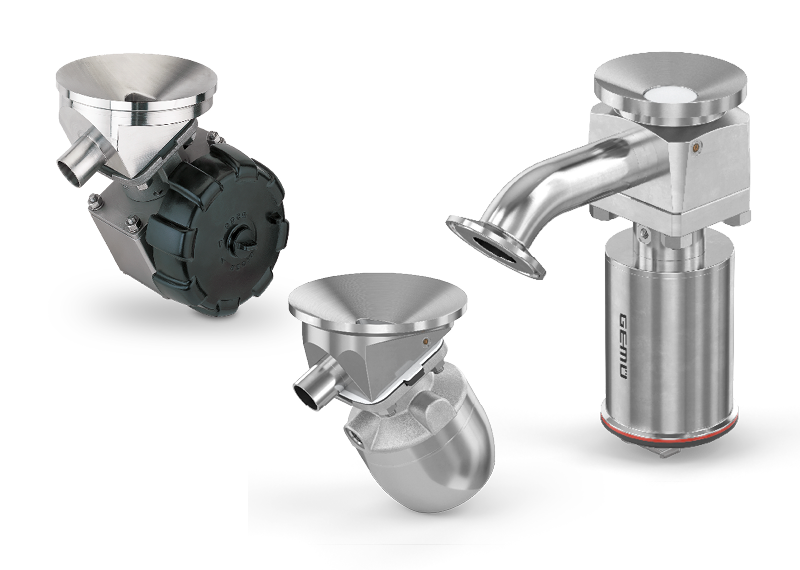 Three GEMÜ tank valves for tank bottom and process connections.