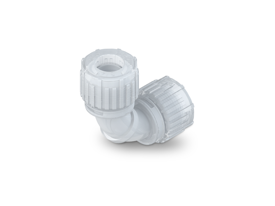 Compact SpaceSaver fitting made of PFA with 90° angle and Nexus Connect connection for space-saving, high-purity pipe connections.