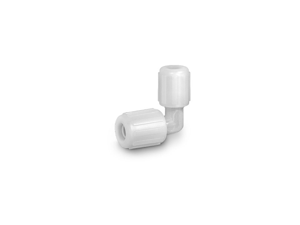 PFA angle connector with two screw connections for secure and chemical-resistant pipe connections.