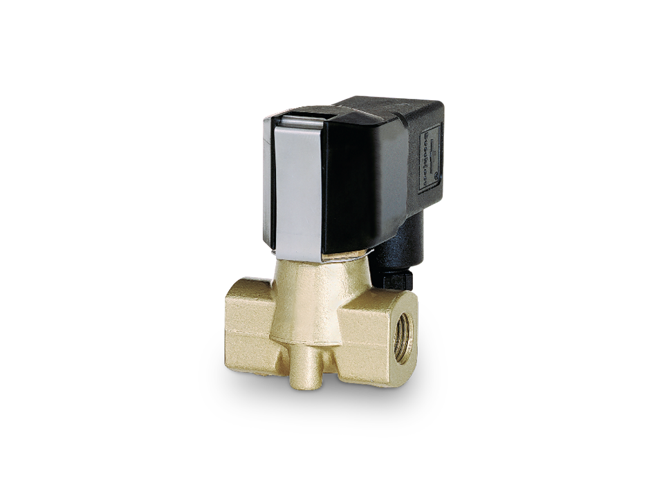 Electromagnetically operated solenoid valve with compact brass housing and black coil for industrial applications in fluid control.