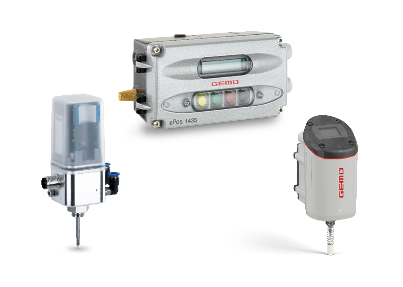 Three different GEMÜ controllers for valve positioning and process control.