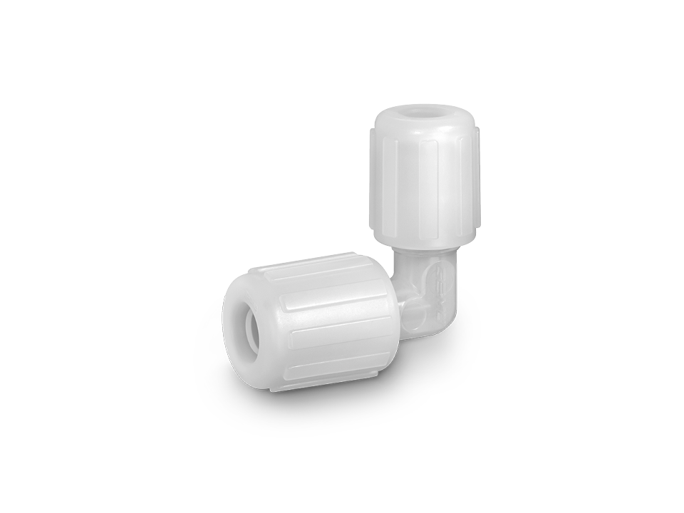 PFA angle connector with two screw connections for secure and chemical-resistant pipe connections.