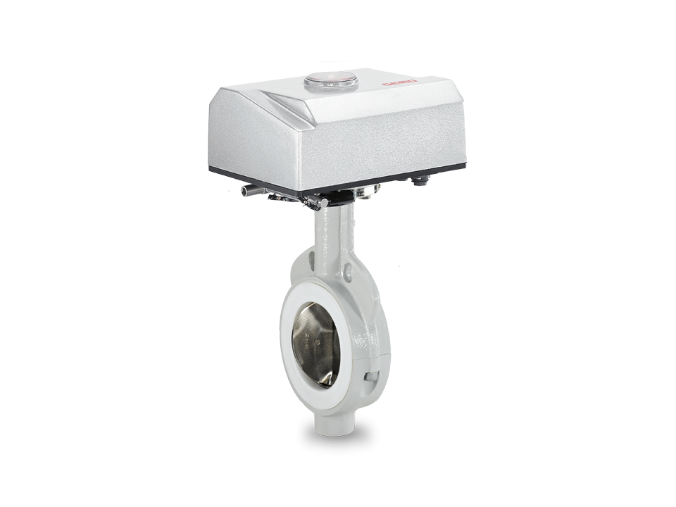 Electrically operated butterfly valve with PTFE lining, stainless steel disc, and flange connection – ideal for the chemical, pharmaceutical, and food industries.