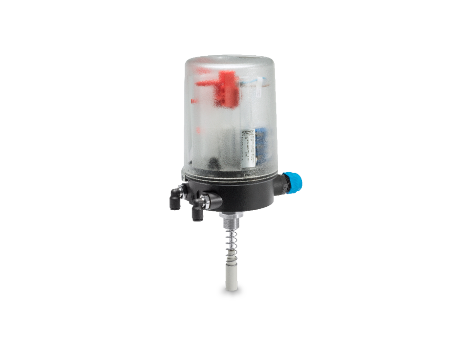Commande de vanne compacte avec capot translucide, raccords pneumatiques et tige de commande pour l'automatisation des vannes dans les applications industrielles.