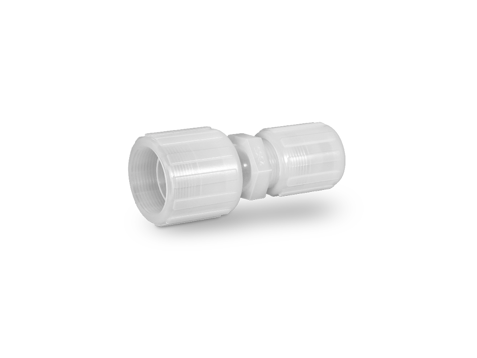Raccord droit en plastique blanc avec écrous à écrou hexagonal pour des raccords sûrs de tuyaux et de tubes dans les applications industrielles.