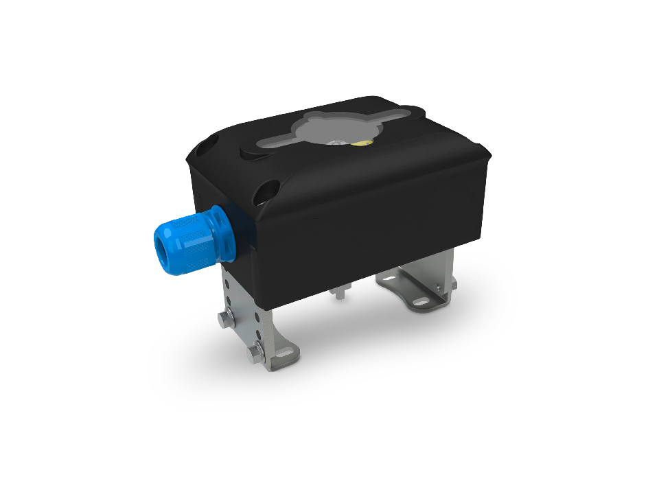 Kompakter Stellungsrückmelder mit schwarzem Gehäuse, optischer Stellungsanzeige und Montagesockel für präzise Ventilüberwachung in industriellen Anwendungen.