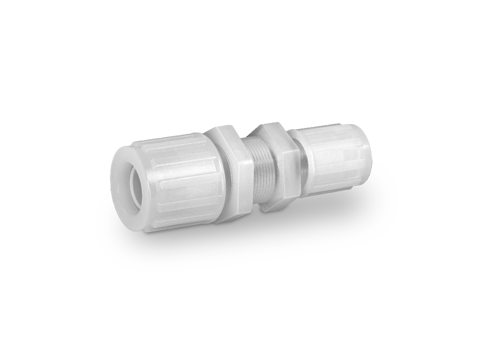 PFA connection fitting with central thread and two clamp screw connections for chemical and cleanroom applications.