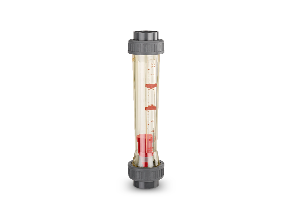 Flow meter with transparent measuring tube, red float and scale for flow control in piping systems, industrial use.
