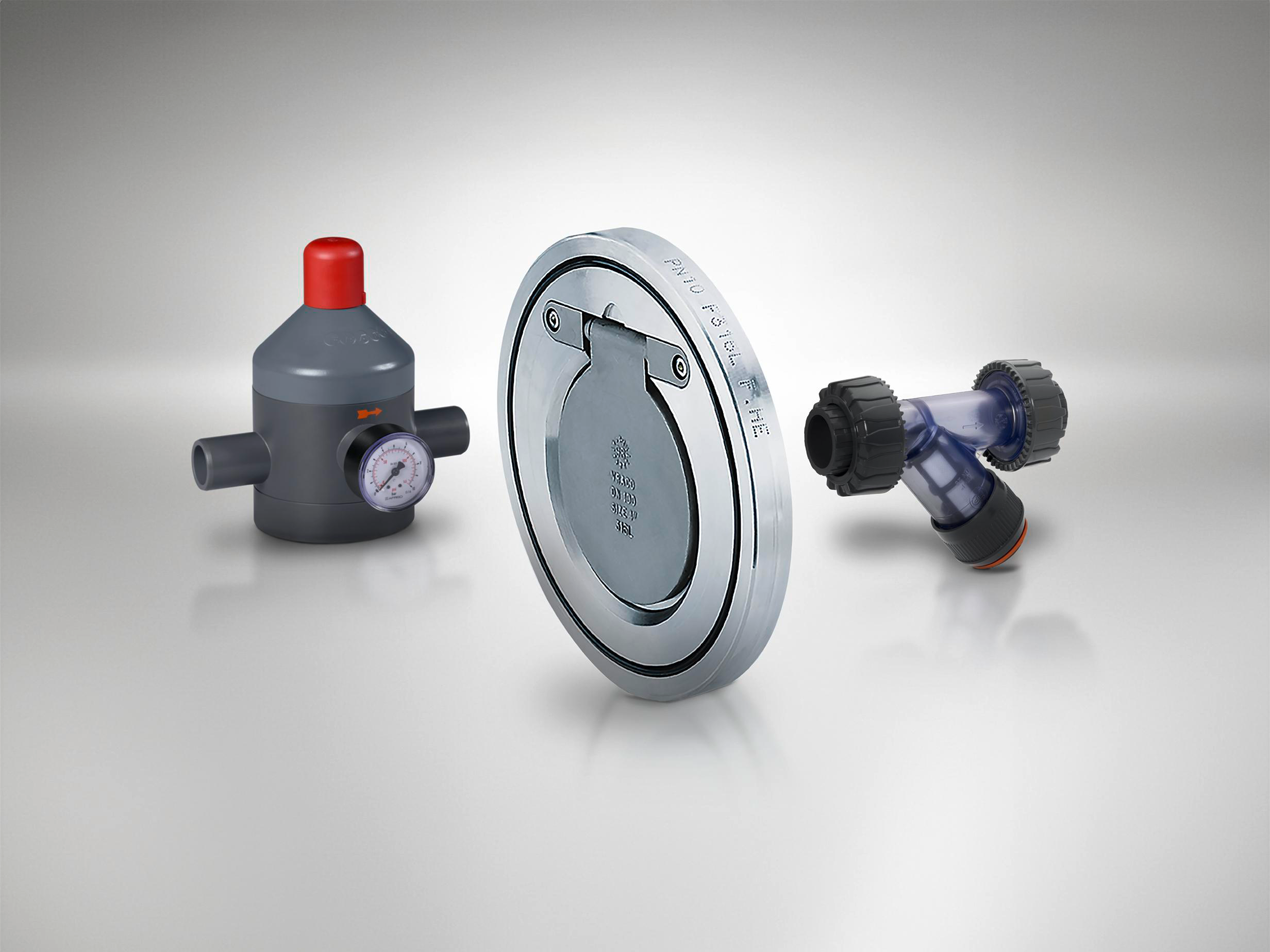 Three GEMÜ products: pressure control valve, check valve, and strainer.