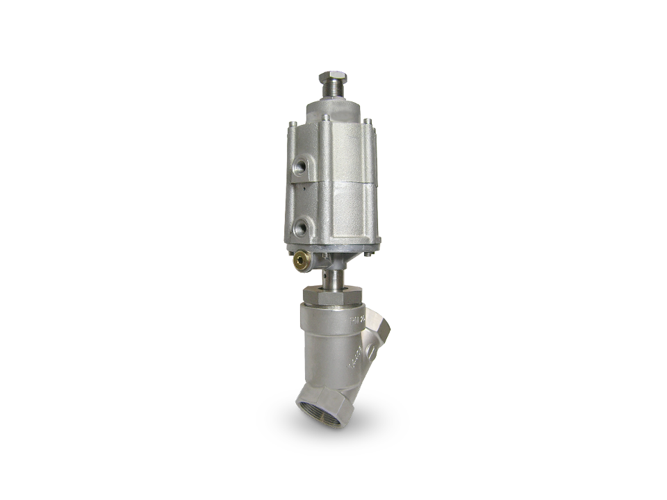 Seat valve with pneumatic actuator made of stainless steel and angled housing for precise control of liquids or gases in industrial piping systems.,Seat valve with pneumatic actuator made of stainless steel and angled housing for precise control of liquid