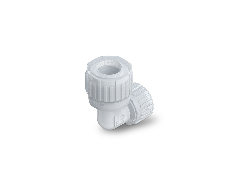 Angle reduction made of PFA with Nexus Connect and Space Saver for compact, tight pipe connections in sensitive applications.,Angle reduction made of PFA with Nexus Connect and Space Saver for compact, tight pipe connections in sensitive applications.,Ang