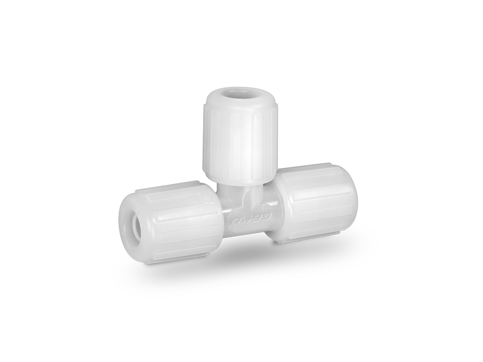 Compact T-piece fitting made of white plastic with three union nuts for secure branching of hoses or pipes in industrial applications.