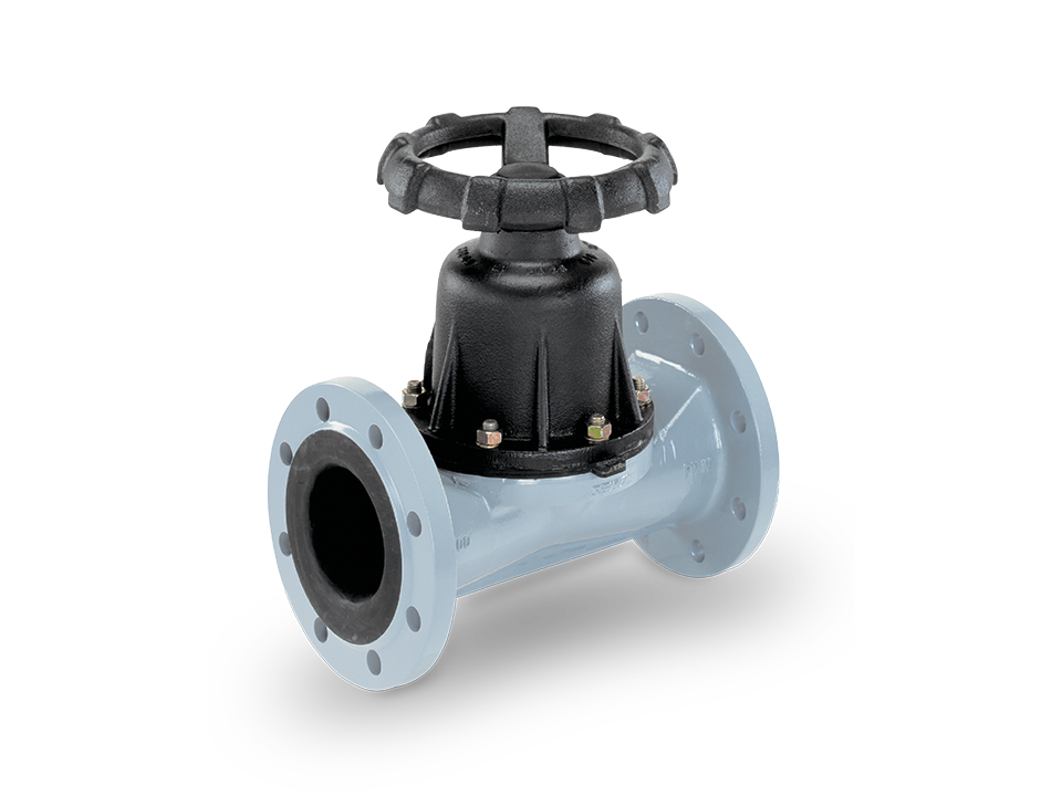 Manual diaphragm valve with flange connections and black handwheel – ideal for water treatment, the chemical industry, and process engineering.