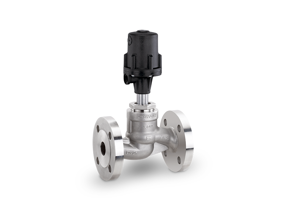 Pneumatic seat valve with stainless steel flange connections – durable solution for industrial applications for controlling liquids and gases.







