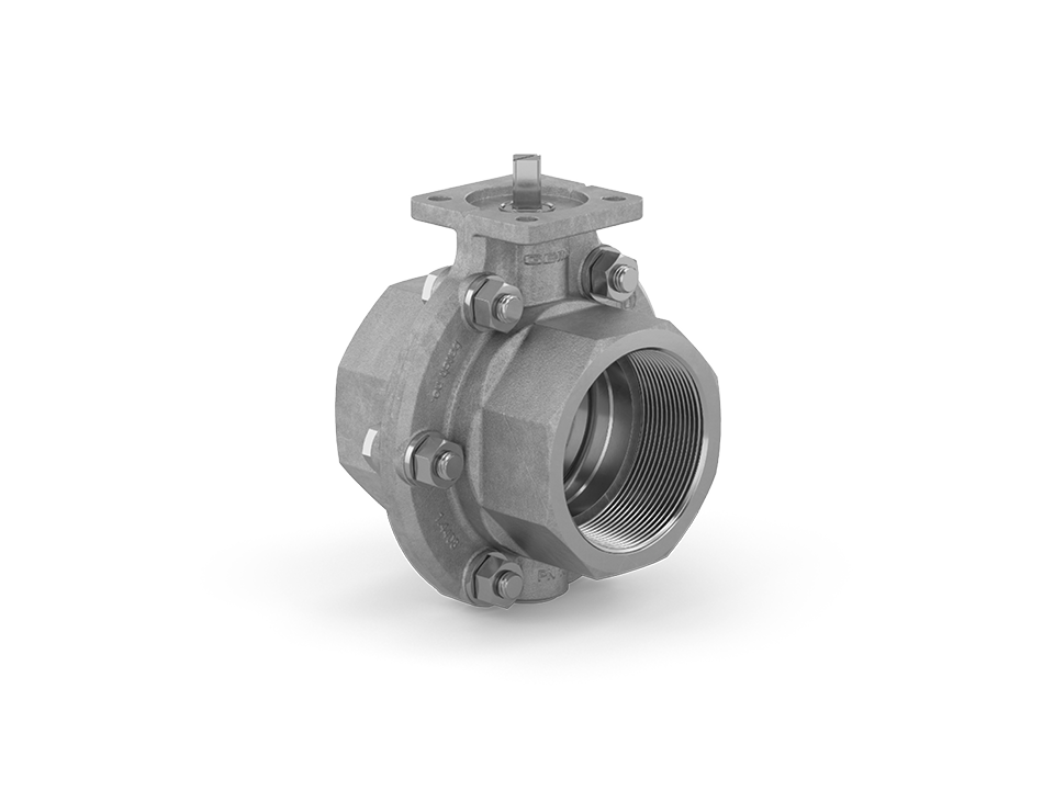 Stainless steel butterfly valve with female thread connection and standard shaft mount – ideal for water treatment, chemical and process engineering.