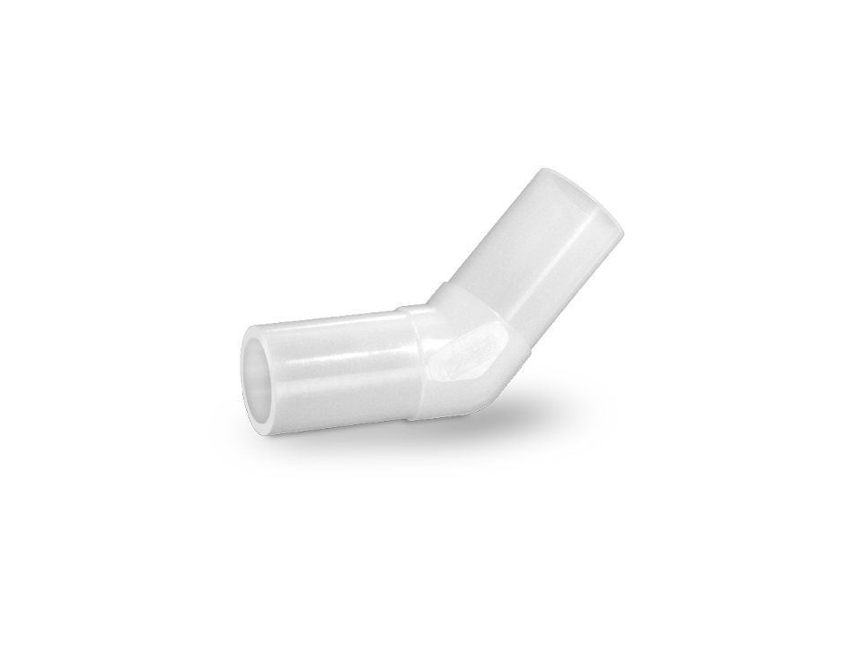 Raccord coudé en plastique avec deux raccords lisses pour des raccordements hygiéniques à 45 degrés dans les applications industrielles.