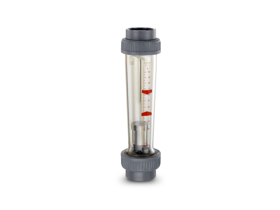 Débitmètre compact avec échelle transparente et flotteur rouge pour une mesure précise du débit – idéal pour les applications industrielles avec des liquides.