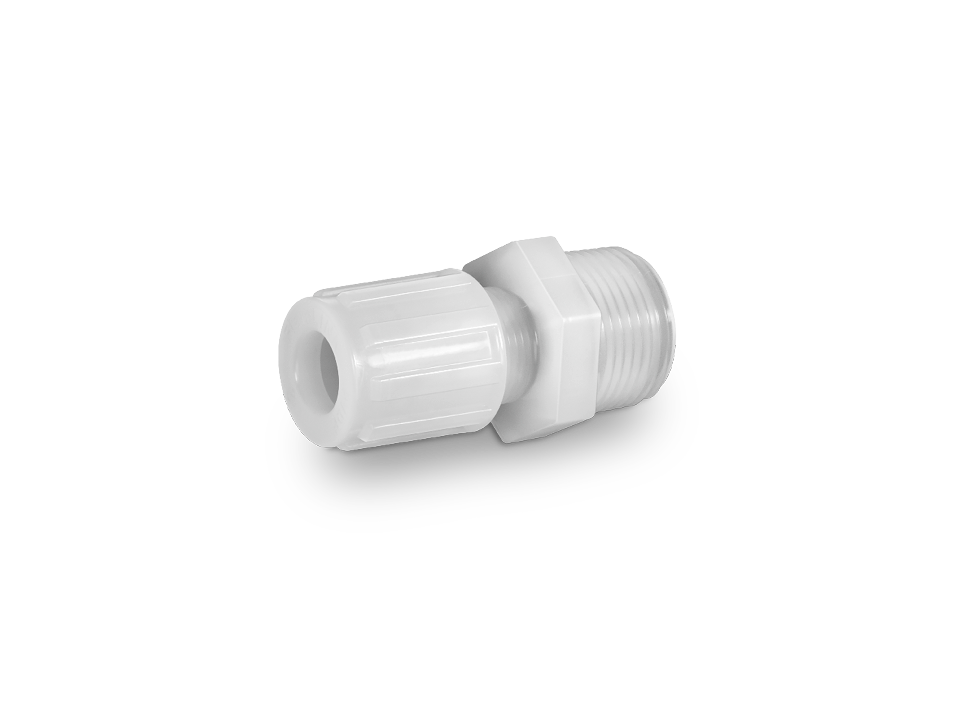 Straight plastic hose fitting with male thread and knurling for secure hose connections in industrial and laboratory applications.