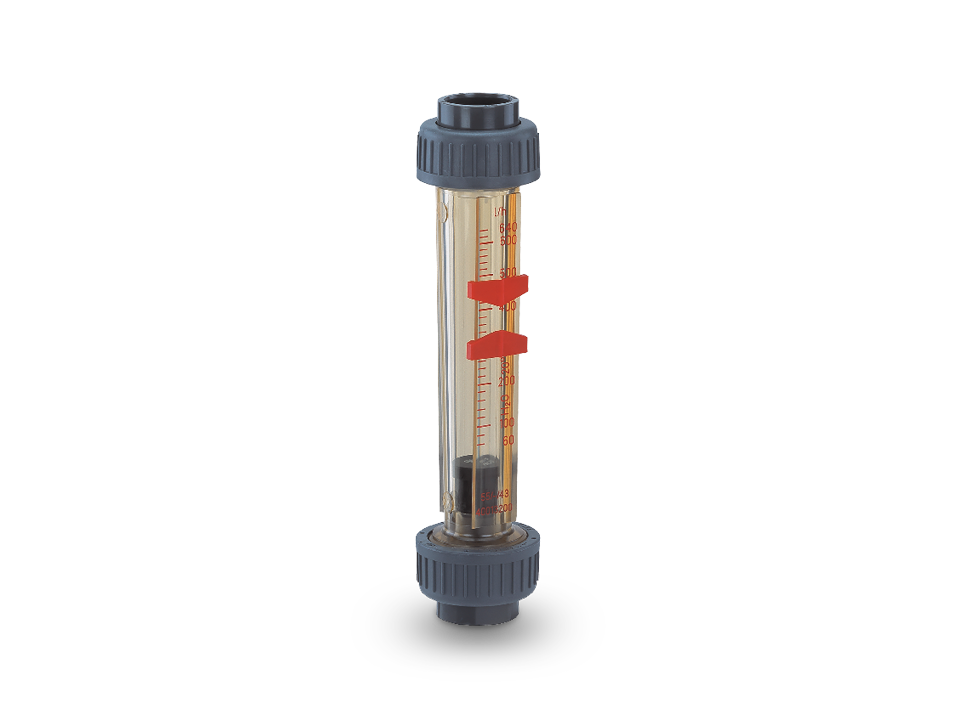 Débitmètre avec affichage transparent, échelle rouge et flotteur pour le contrôle du débit dans les systèmes de tuyauterie – précis, compact et fiable.