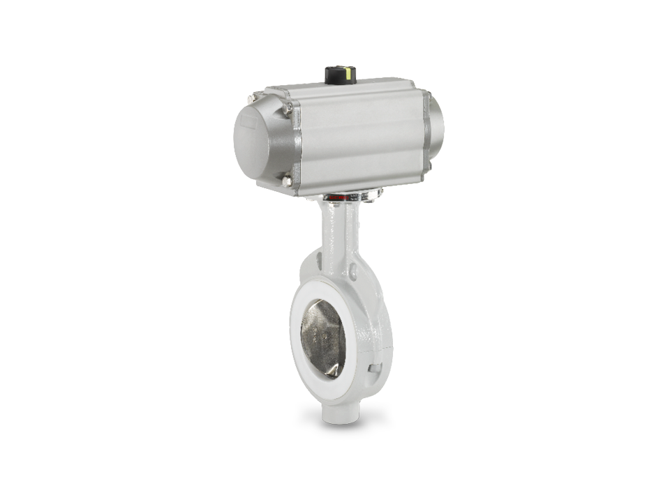 Pneumatically controlled shut-off valve with PTFE lining, stainless steel valve disc, and flange connection – ideal for the chemical, pharmaceutical, and food industries.