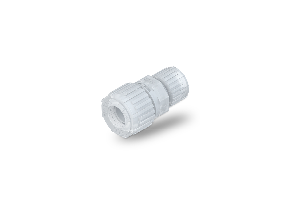Straight fitting made of PFA with Nexus Connect connection for leak-free pipe connections in cleanroom applications.