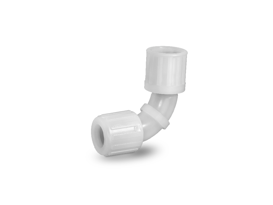 Curved angle fitting made of white plastic with threaded connections for secure 90-degree diversions in industrial pipe systems.