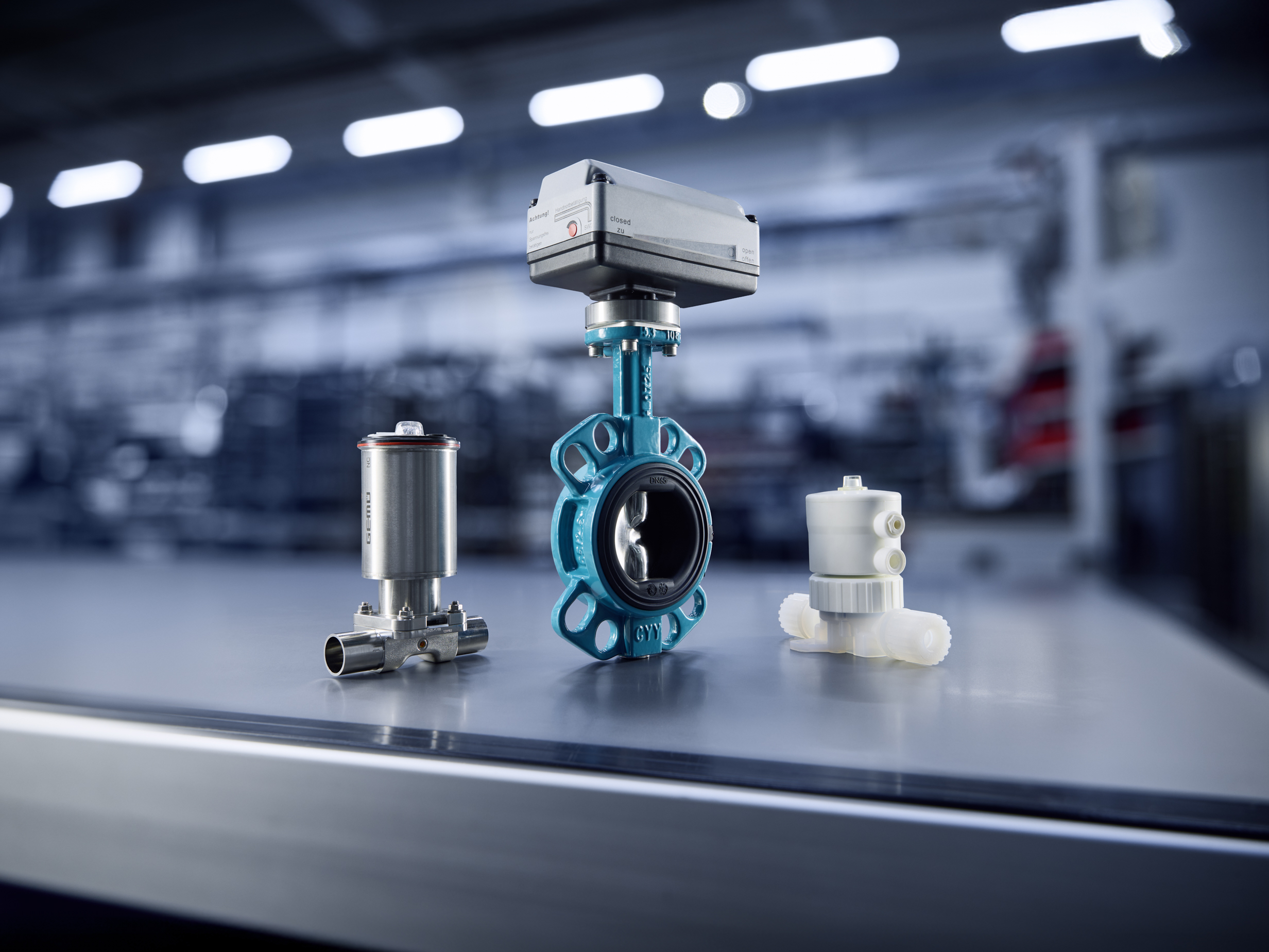 GEMÜ product range for valve technology with plastic valve, stainless steel diaphragm valve and automated butterfly valve.