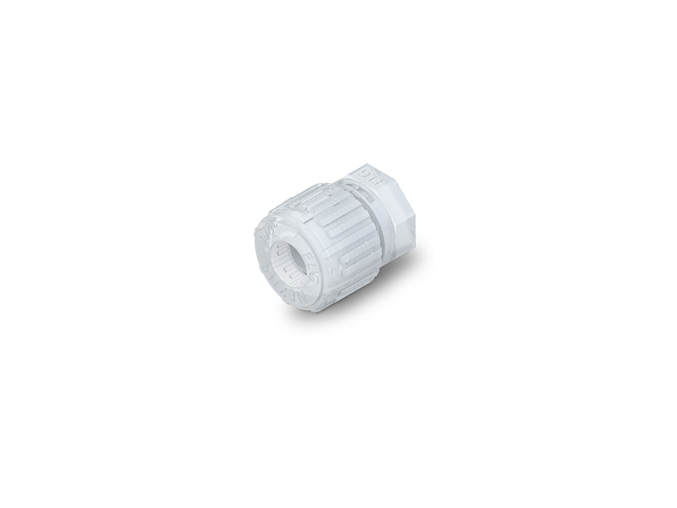 Gerades PFA-Fitting Nexus Connect mit Gauge Ring, temperatur- und druckbeständig, für Reinraum- und Industrieanwendungen.
