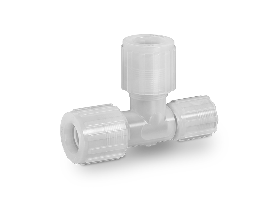 T-piece fitting made of PFA plastic with three connections and union nuts for reliable pipe branches.