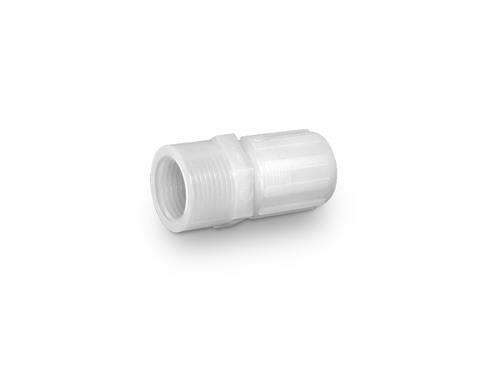 Straight hose fitting with female thread and union nut made of white plastic for secure hose connections in chemical and high-purity media applications.