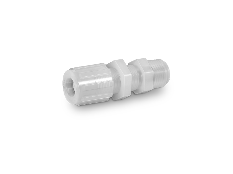 White plastic hose connector with external thread and hexagon for industrial hose connections in chemically demanding applications.,White plastic hose connector with external thread and hexagon for industrial hose connections in chemically demanding appli