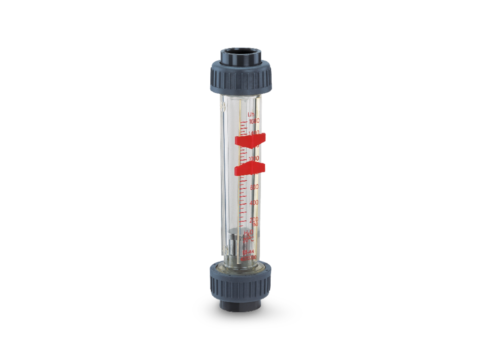 Transparent pipe flow meter with scale and red markings for flow indication, ideal for industrial liquid measurement.