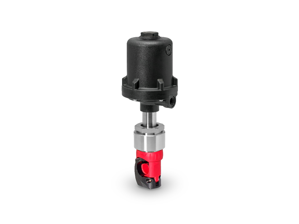 Pneumatic pinch valve with stainless steel housing, position indicator, and red pinch element for sterile industrial applications.