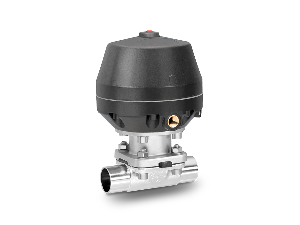 Válvula de diafragma de aço inoxidável operada pneumaticamente com extremidades soldadas e alojamento do atuador de plástico - ideal para os setores farmacêutico, de biotecnologia e alimentício.