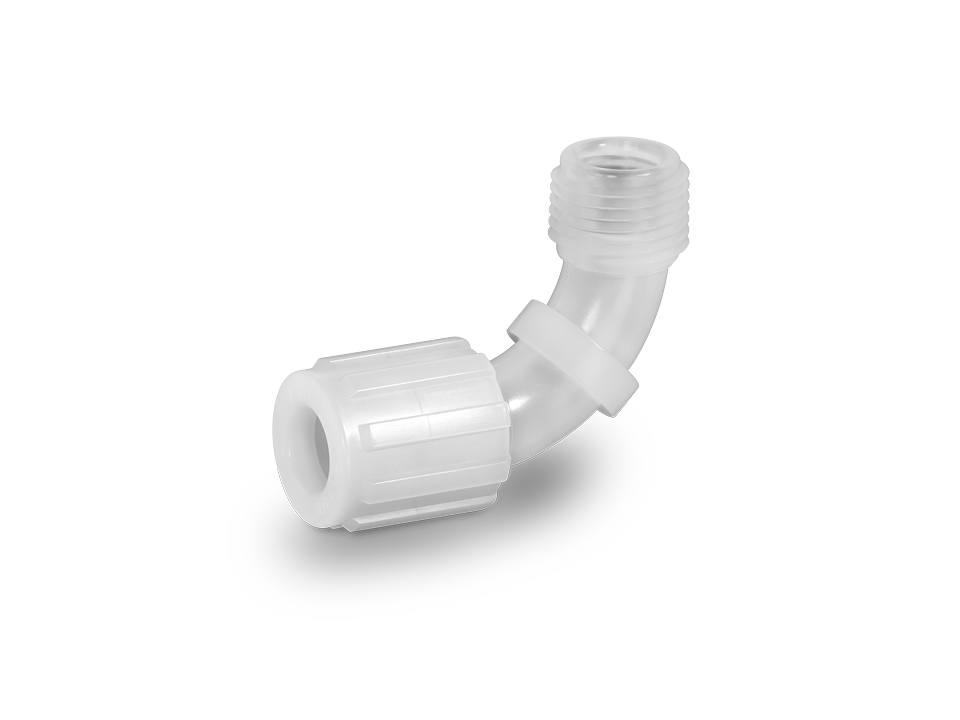 Bent plastic fitting with hose connection and external thread for media-carrying systems.