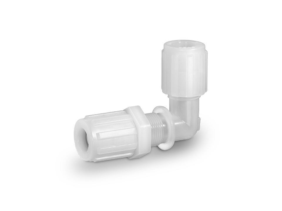 Angle hose fitting made of white plastic with two union nuts for 90-degree connection of hoses in confined spaces.
