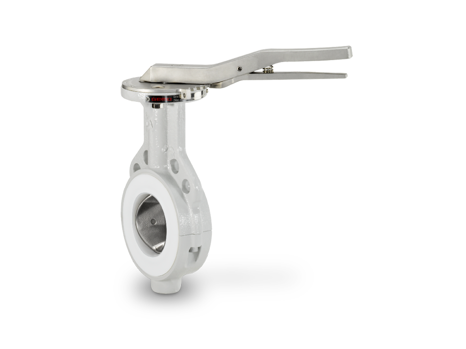 Manuelle Absperrklappe mit PTFE-Auskleidung, Edelstahl-Hebel und Flanschverbindung – ideal für Chemie-, Pharma- und Lebensmittelindustrie mit hohen Anforderungen an Korrosionsbeständigkeit.