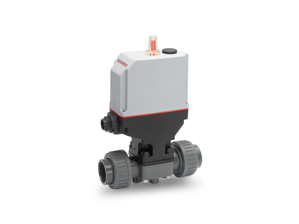 Vanne à membrane à commande électrique avec boîtier en plastique et raccords vissés – idéale pour le traitement de l'eau, l'industrie chimique et l'industrie des semi-conducteurs.
