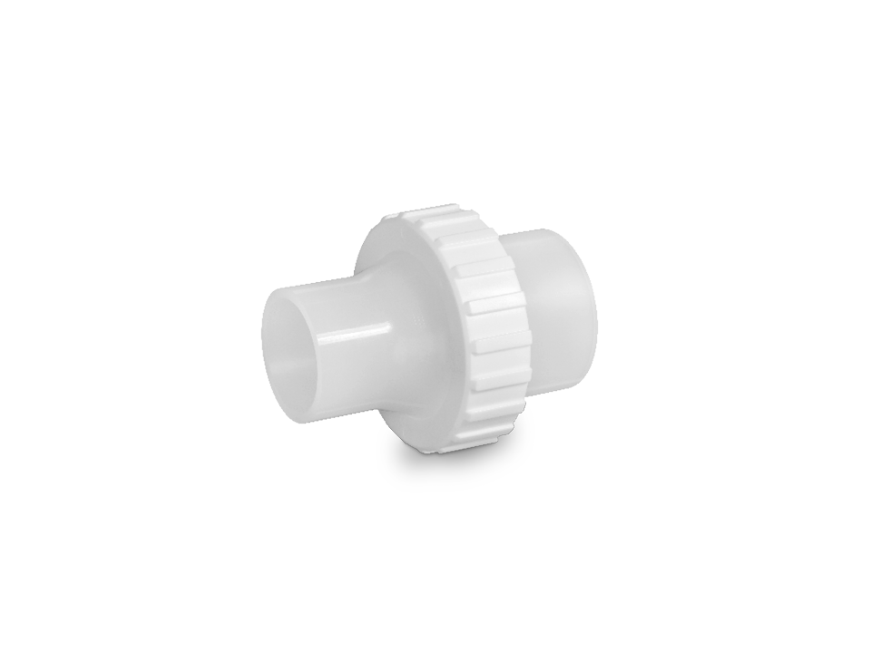 White plastic screw connection with two smooth pipe connections and a central union nut for secure connections in industrial applications.