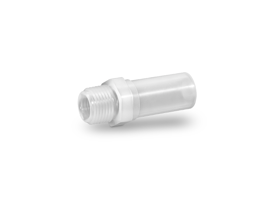 Raccord droit en plastique avec filetage extérieur et raccord lisse pour tuyau flexible, pour des connexions sûres dans les applications industrielles.