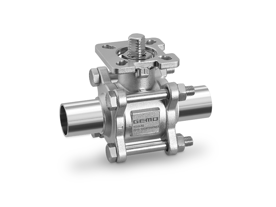 Stainless steel ball valve with weld ends and mounting plate – ideal for the chemical, pharmaceutical, and food industries.