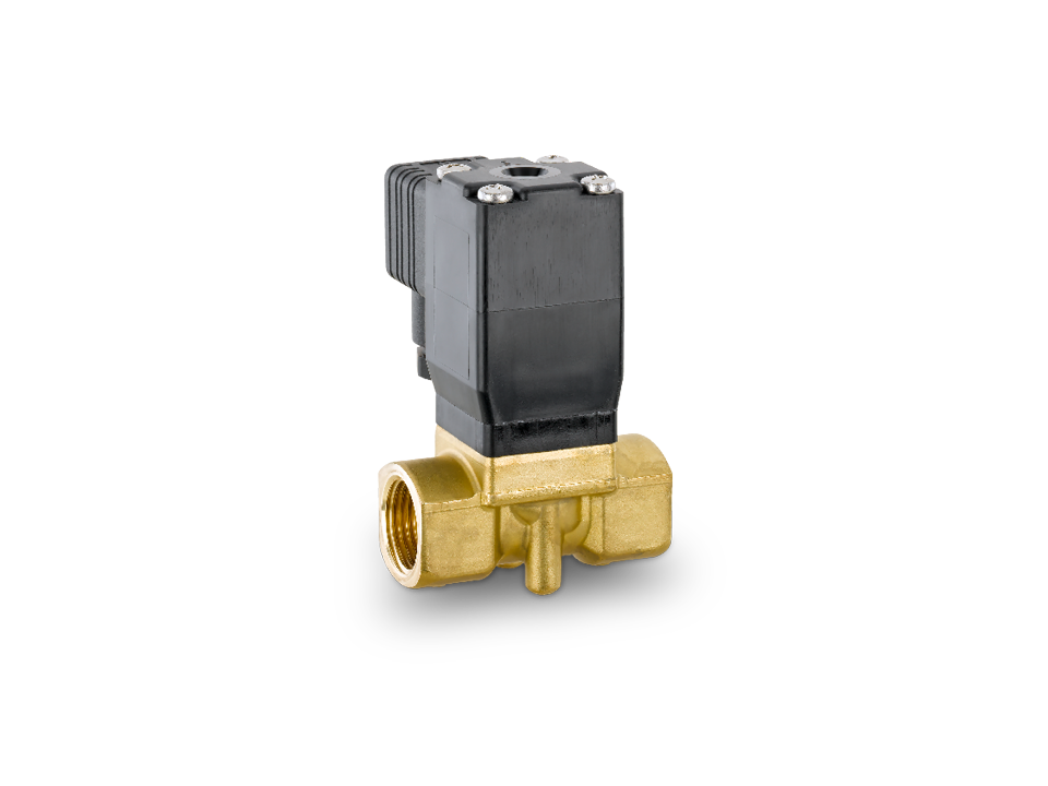 Électrovanne compacte à commande électromagnétique avec boîtier en laiton et plusieurs raccords filetés pour applications de commande industrielles.
