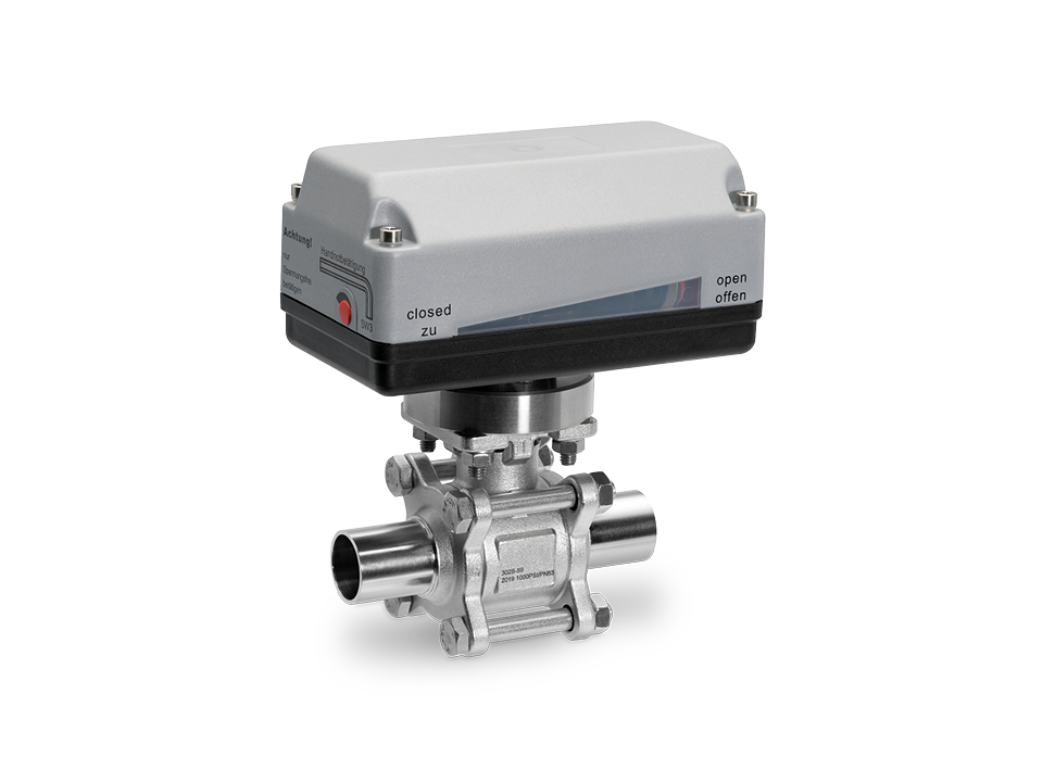 Electrically operated stainless steel ball valve with welded ends and status indicator – ideal for the chemical, pharmaceutical, and food industries.