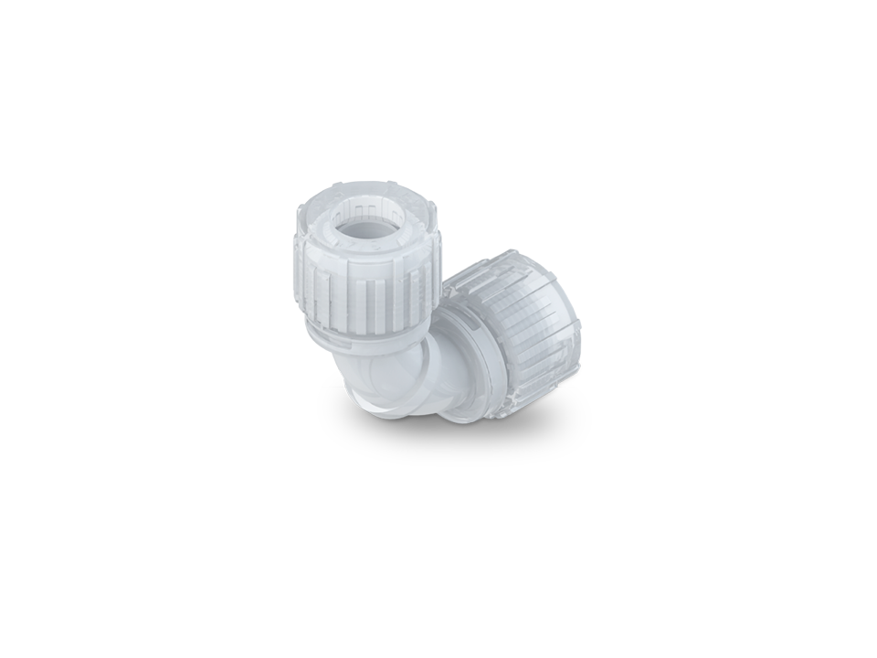 Compact SpaceSaver fitting made of PFA with 90° angle and Nexus Connect connection for space-saving, high-purity pipe connections.,Compact SpaceSaver fitting made of PFA with 90° angle and Nexus Connect connection for space-saving, high-purity pipe connec