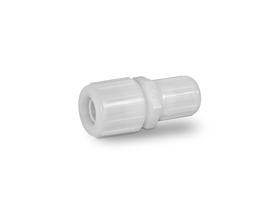 Straight coupling made of white plastic with two knurled union nuts for secure connections of hoses or pipes in industrial applications.