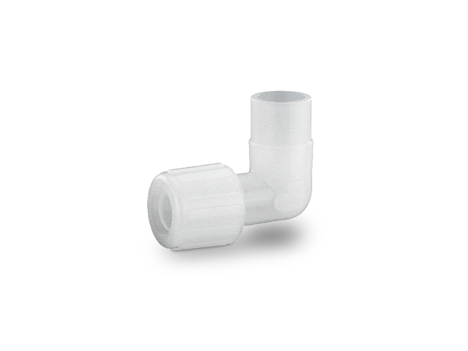 Angle fitting made of white plastic with union nut and smooth pipe connection for 90-degree connections in industrial applications.