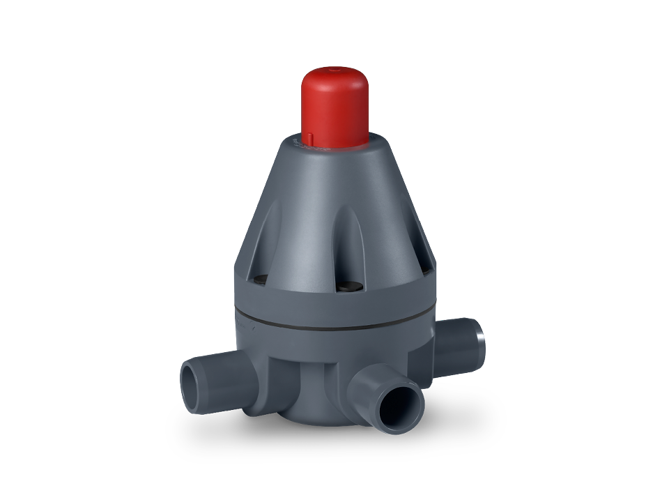 Plastic pressure control valve with three connections and red adjustment knob for precise pressure control in industrial applications.